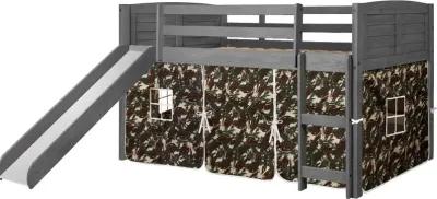 Louver Antique Gray Twin Loft Bed with Camo Tent and Slide