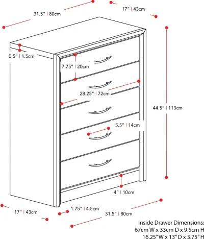 Newport Contemporary White Washed Oak Five Drawer Tall Dresser