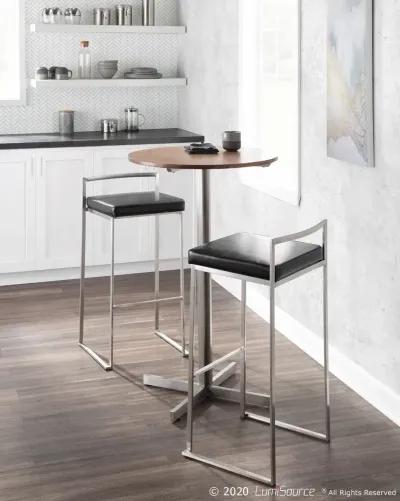 Fuji Low Back Stainless & Black Faux Leather Barstools, Set of 2