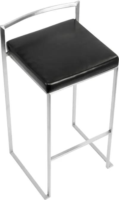 Fuji Low Back Stainless & Black Faux Leather Barstools, Set of 2