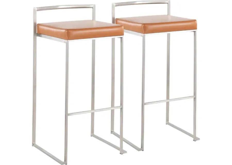 Fuji Low Back Stainless & Camel Faux Leather Barstools, Set of 2