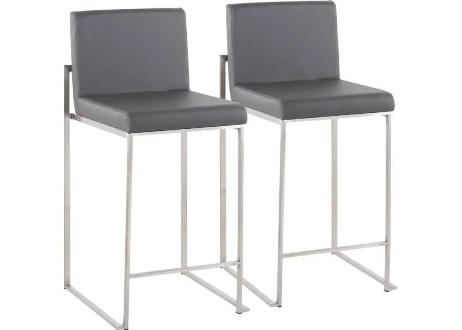 Fuji High Back Stainless & Gray Faux Leather Counter Stools, Set of 2