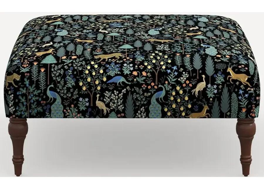 Rifle Paper Co. Greenwich Black Menagerie Ottoman with Espresso Legs