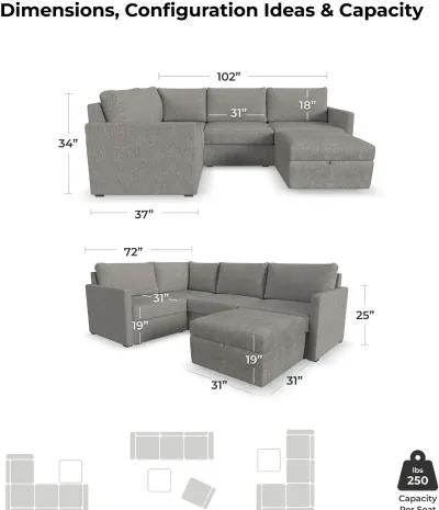 Flex Gray 4-Seat Modular Sectional with Narrow Arm and Storage Ottoman