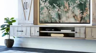 Farmhouse Gray Wall Mounted TV Stand with Modular Barndoor Consoles