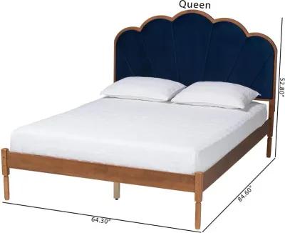 Hadria Navy Scalloped and Walnut Platform Bed