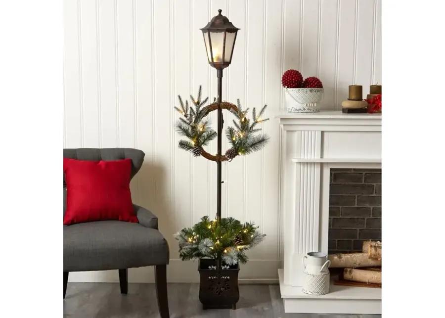 5' Holiday Pre-Lit Decorated Lamp Post with Artificial Holiday Greenery in Green by Bellanest