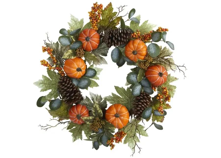 24" Pumpkins and Berries Artificial Wreath in Green by Bellanest