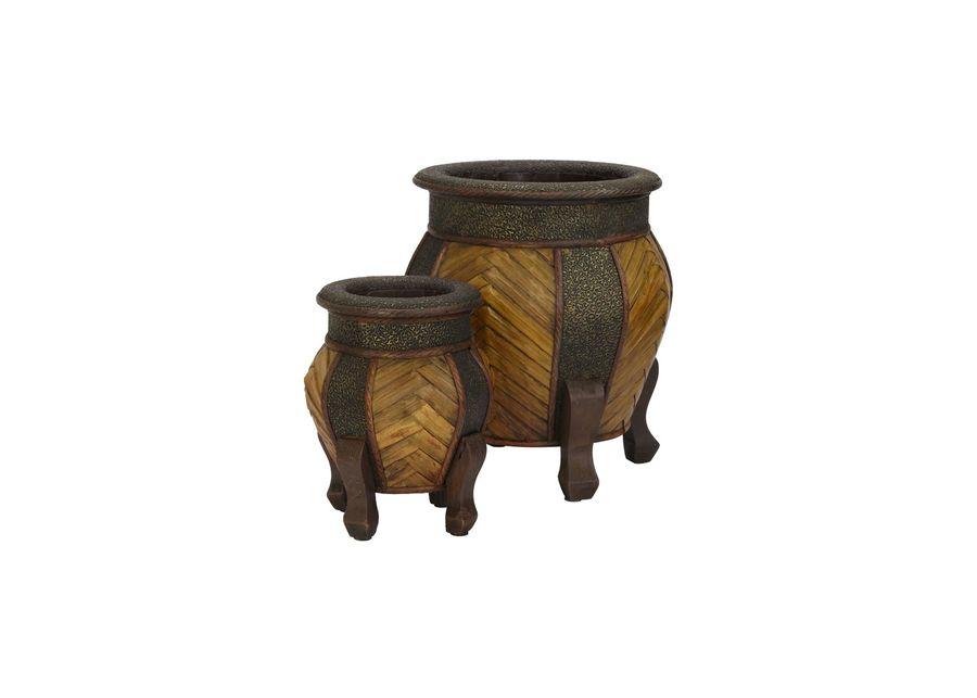Decorative Rounded Wood Planters (Set of 2) in Brown by Bellanest