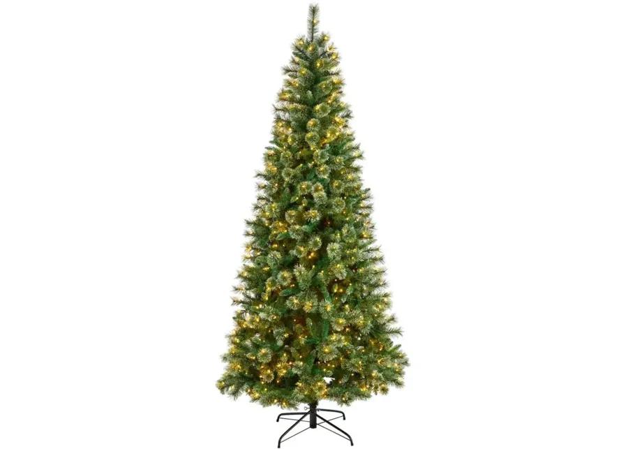 8' Wisconsin Slim Snow Tip Artificial Christmas Tree with Clear LED Lights and Bendable Branches in Green by Bellanest