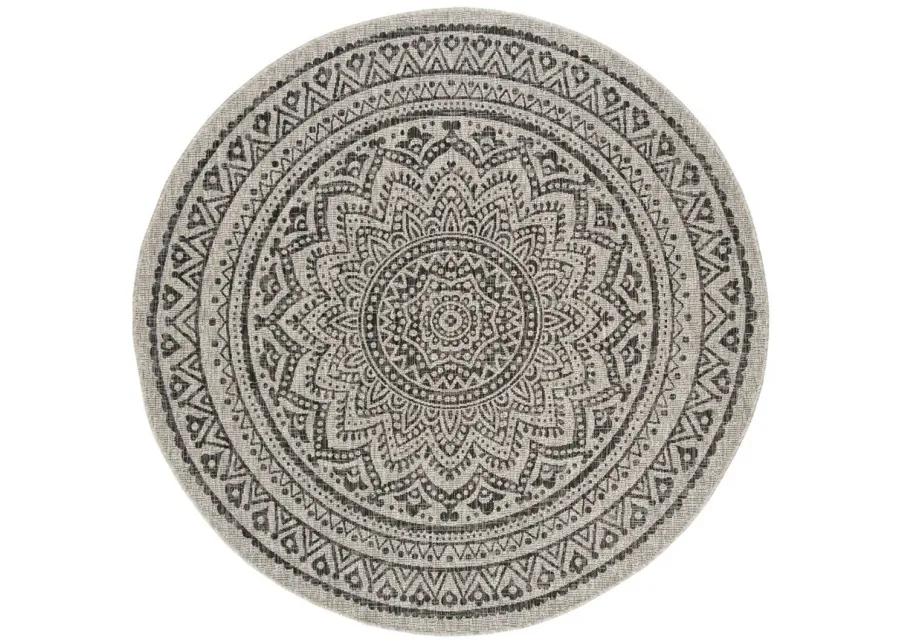 Courtyard Mandala Indoor/Outdoor Area Rug Round in Light Gray & Black by Safavieh