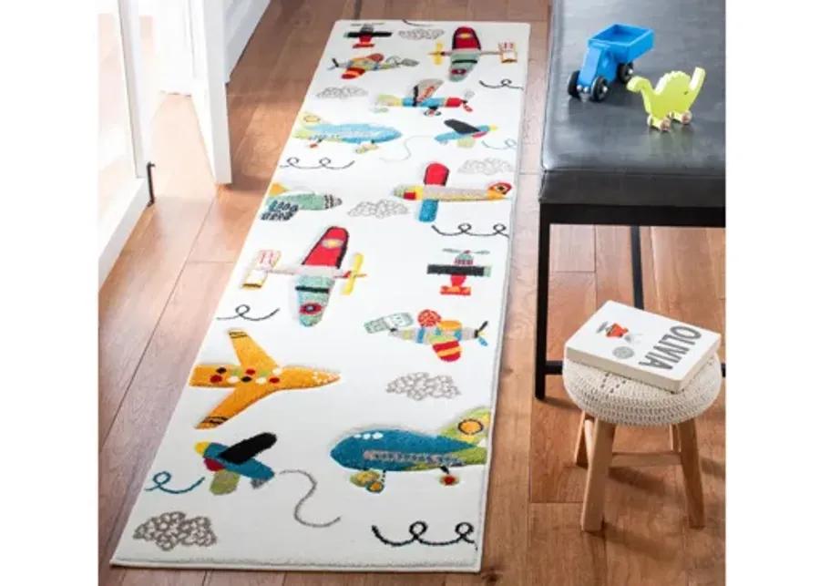 Carousel Planes Kids Runner Rug in Ivory & Blue by Safavieh