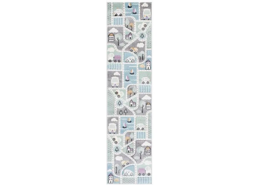 Carousel Cars Kids Runner Rug in Gray & Light Blue by Safavieh