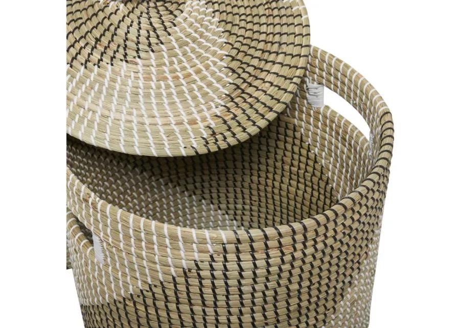 Ivy Collection Set of 2 Striped Water Hyacinth Lidded Baskets in Brown by UMA Enterprises