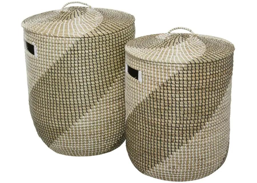 Ivy Collection Set of 2 Striped Water Hyacinth Lidded Baskets in Brown by UMA Enterprises
