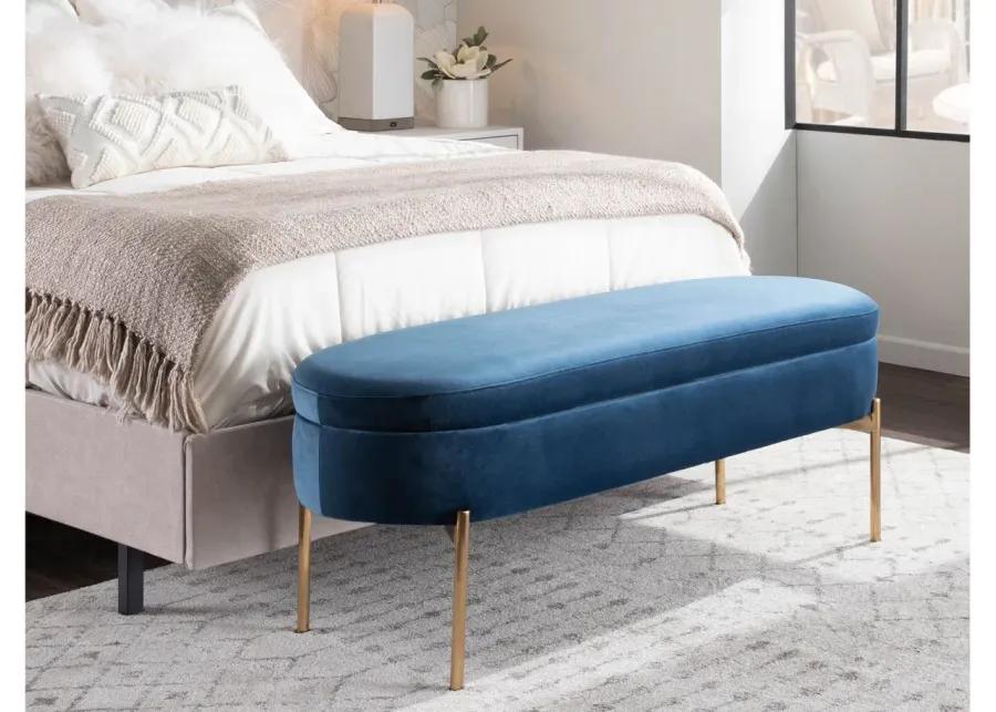 Chloe Storage Bench in Gold Metal, Blue Velvet by Lumisource