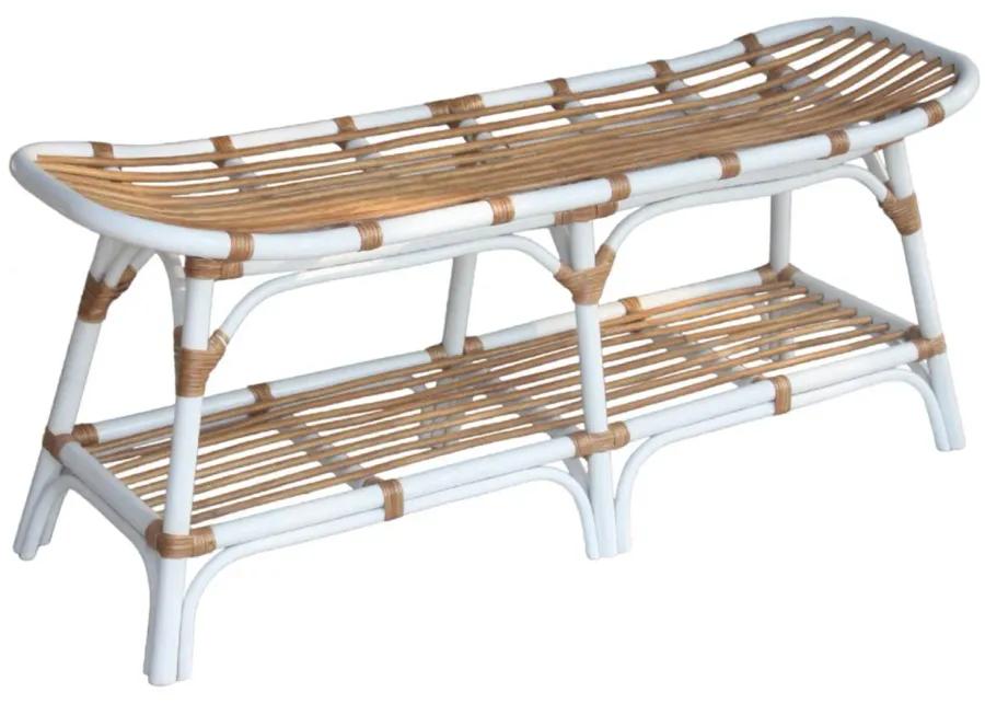 Damara Rattan Bench with Shelf in White by New Pacific Direct