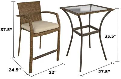 3 Piece High Top Bistro Wicker Patio Table and Chairs Set