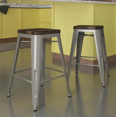 Fusion 24 Inch Stackable Metal and Wood Counter Height Bar Stools, Set of 2