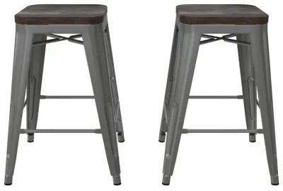 Fusion 24 Inch Stackable Metal and Wood Counter Height Bar Stools, Set of 2