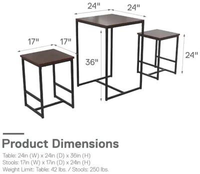 Bungalow 3-Piece Pub Set with Wood Tabletop and Metal Frame