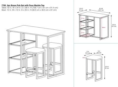 Tanner 3 Piece Brass Pub Set with 2 Bar Stools, a Faux Marble Top and 3 Storage Shelves