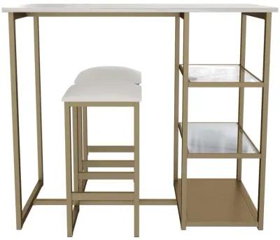 Tanner 3 Piece Brass Pub Set with 2 Bar Stools, a Faux Marble Top and 3 Storage Shelves