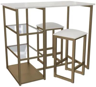 Tanner 3 Piece Brass Pub Set with 2 Bar Stools, a Faux Marble Top and 3 Storage Shelves