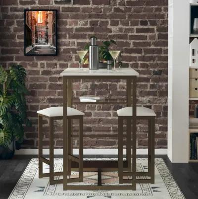 Tanner 3 Piece Brass Pub Set with 2 Bar Stools, a Faux Marble Top and 3 Storage Shelves