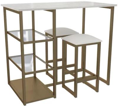 Tanner 3 Piece Brass Pub Set with 2 Bar Stools, a Faux Marble Top and 3 Storage Shelves