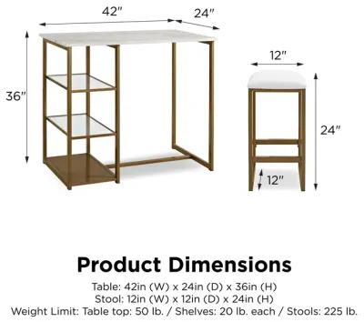 Tanner 3 Piece Brass Pub Set with 2 Bar Stools, a Faux Marble Top and 3 Storage Shelves