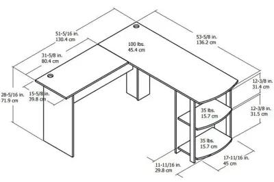 Dakota Computer L Desk with Side Bookshelf and Large Worksurface