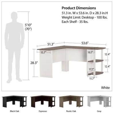 Dakota Computer L Desk with Side Bookshelf and Large Worksurface