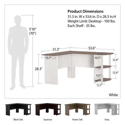 Dakota Computer L Desk with Side Bookshelf and Large Worksurface