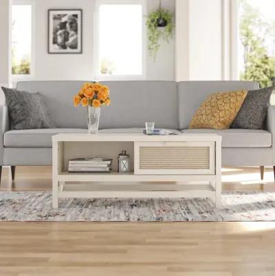 Lennon Coffee Table with Faux Rattan and Sliding Door