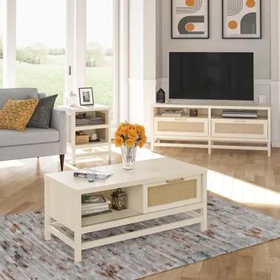 Lennon Coffee Table with Faux Rattan and Sliding Door