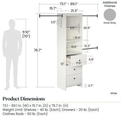 Beckett Closet Storage Organizer with 3 Clothing Rods, 3 Shelves and 3 Drawers