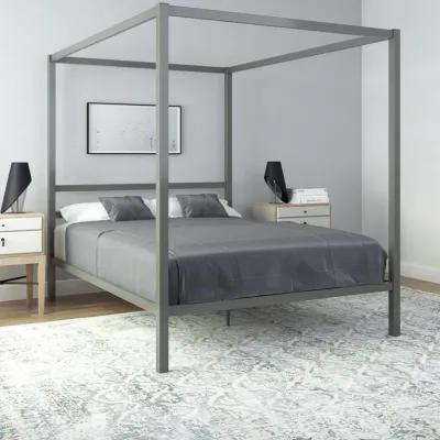 Modern Metal Canopy Bed with Sleek Built-In Headboard