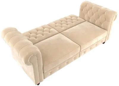 Felix Chesterfield Futon in Velvet Upholstery with Victorian Wood Padded Legs