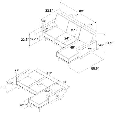 Edison Velvet Upholstered Small Space Reversible Sectional Futon