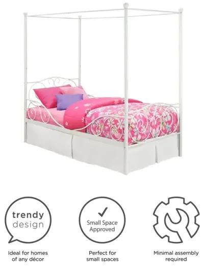 Canopy Metal Bed Frame with Intricate Design Headboard and Secured Slats