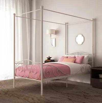 Canopy Metal Bed Frame with Intricate Design Headboard and Secured Slats