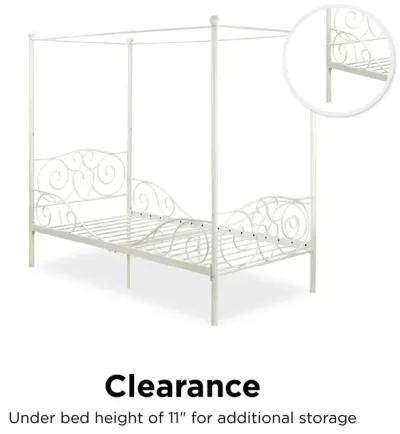 Canopy Metal Bed Frame with Intricate Design Headboard and Secured Slats