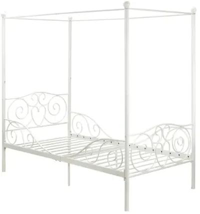 Canopy Metal Bed Frame with Intricate Design Headboard and Secured Slats