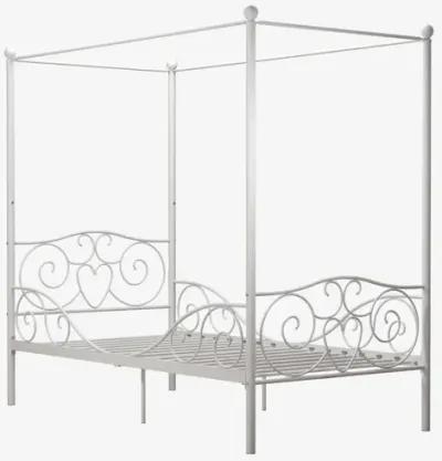 Canopy Metal Bed Frame with Intricate Design Headboard and Secured Slats