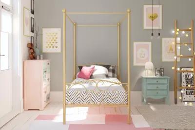 Canopy Metal Bed Frame with Intricate Design Headboard and Secured Slats