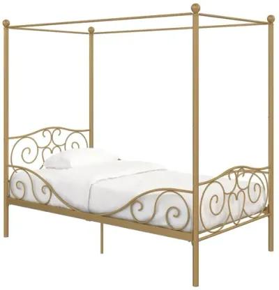 Canopy Metal Bed Frame with Intricate Design Headboard and Secured Slats