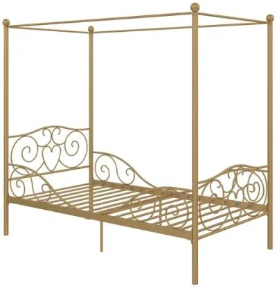 Canopy Metal Bed Frame with Intricate Design Headboard and Secured Slats