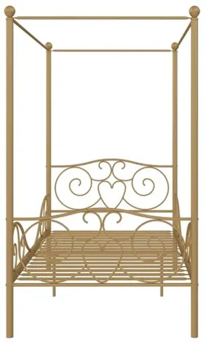 Canopy Metal Bed Frame with Intricate Design Headboard and Secured Slats