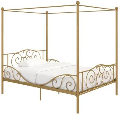 Canopy Metal Bed Frame with Intricate Design Headboard and Secured Slats